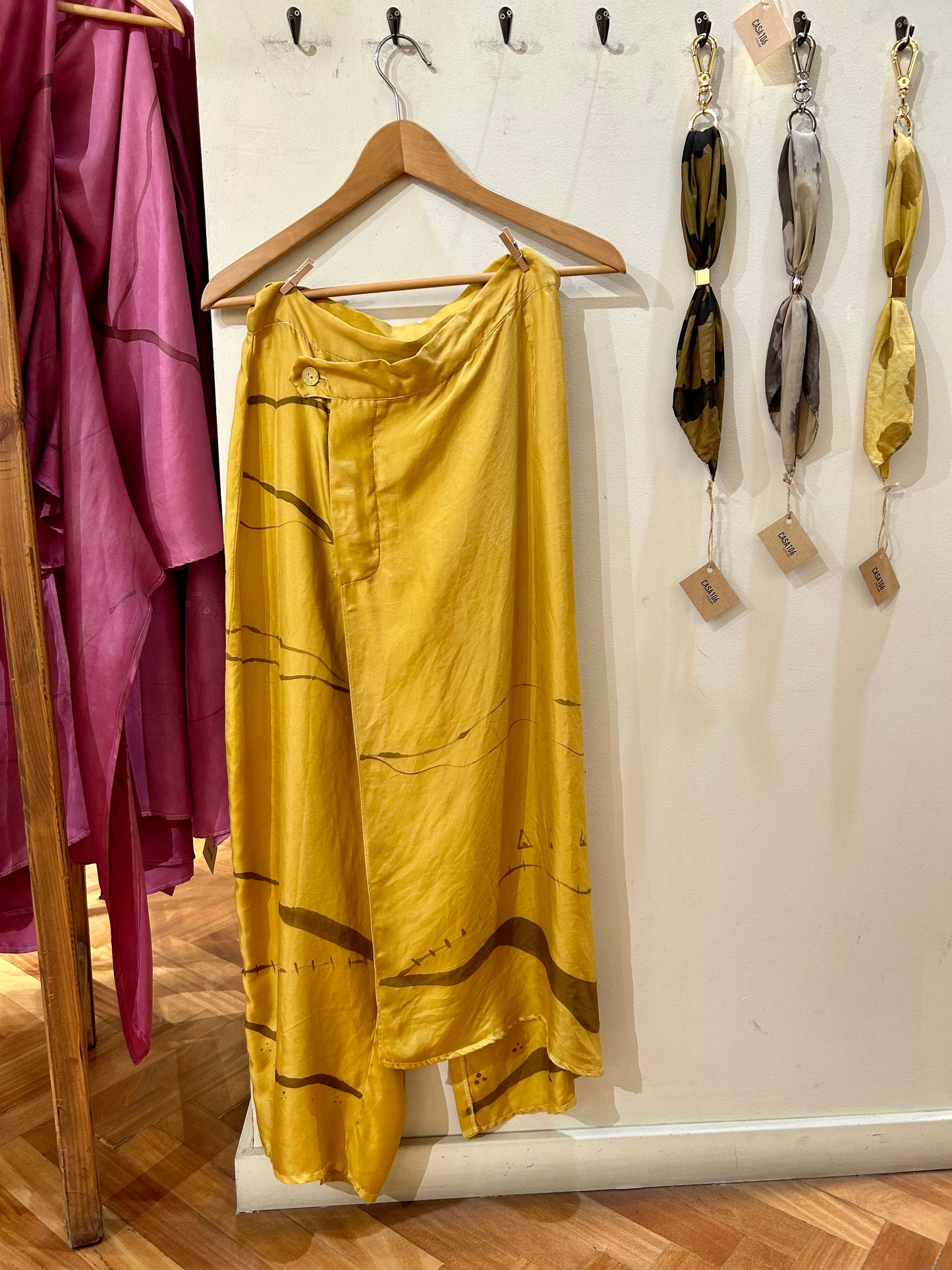 Silk Pants Skirt Yellow Path Printed Asymmetrical