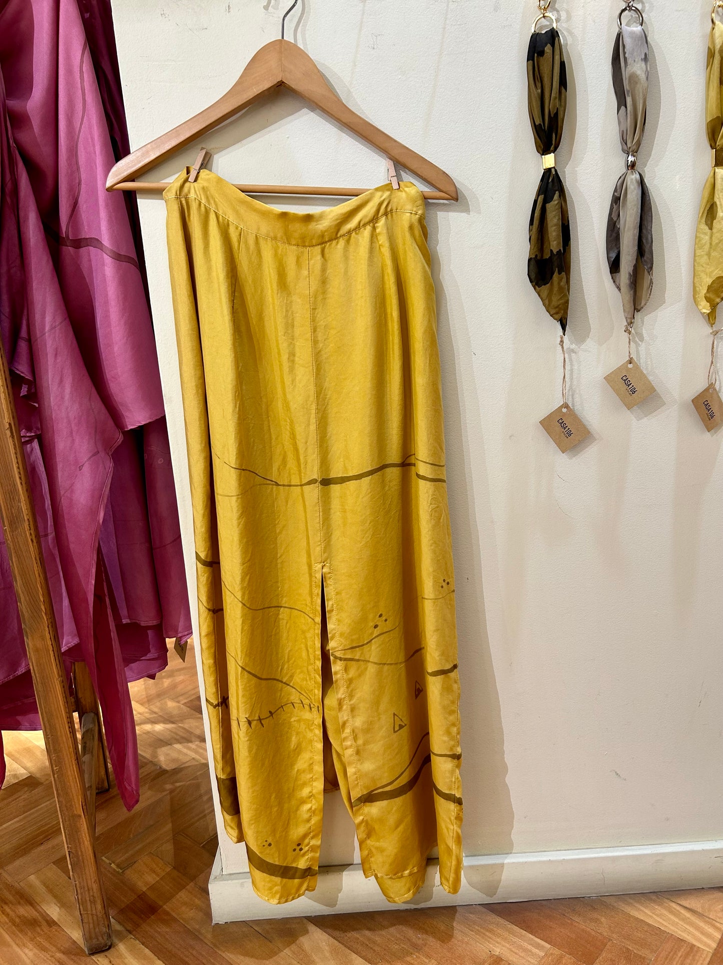 Silk Pants Skirt Yellow Path Printed Asymmetrical