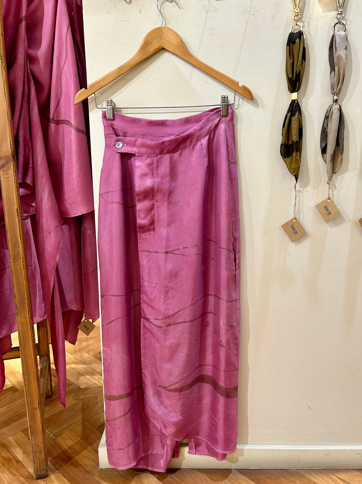 Silk Pants Skirt Yellow Path Printed Asymmetrical