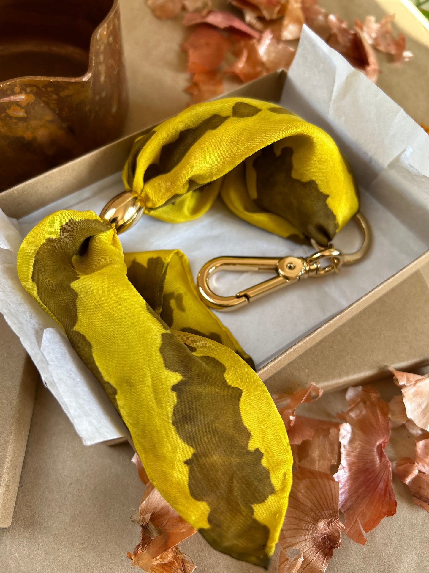 Silk Scarf with Keychain Yellow Tumeric and Onion Skin