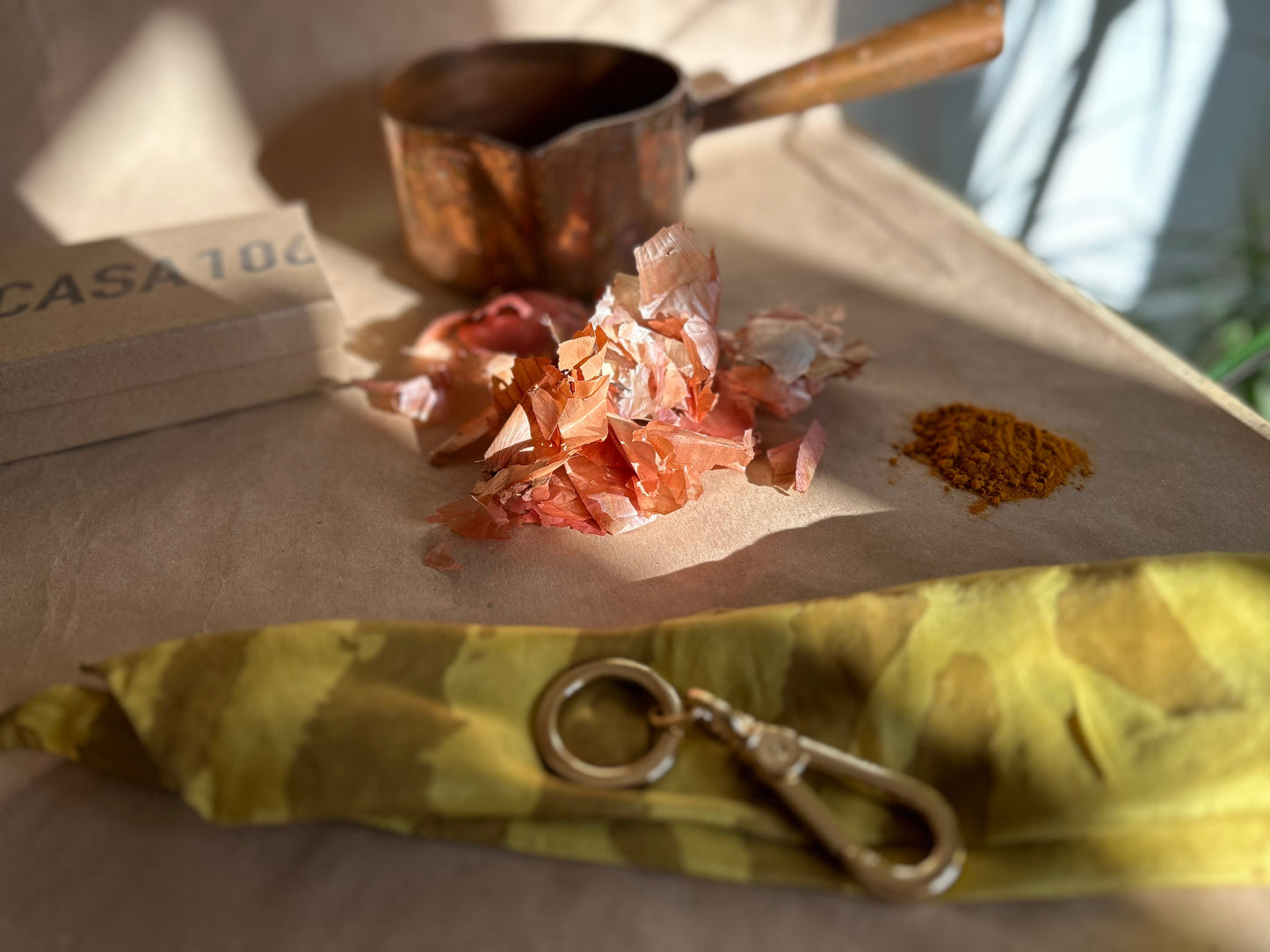 Silk Scarf with Keychain Yellow Tumeric and Onion Skin