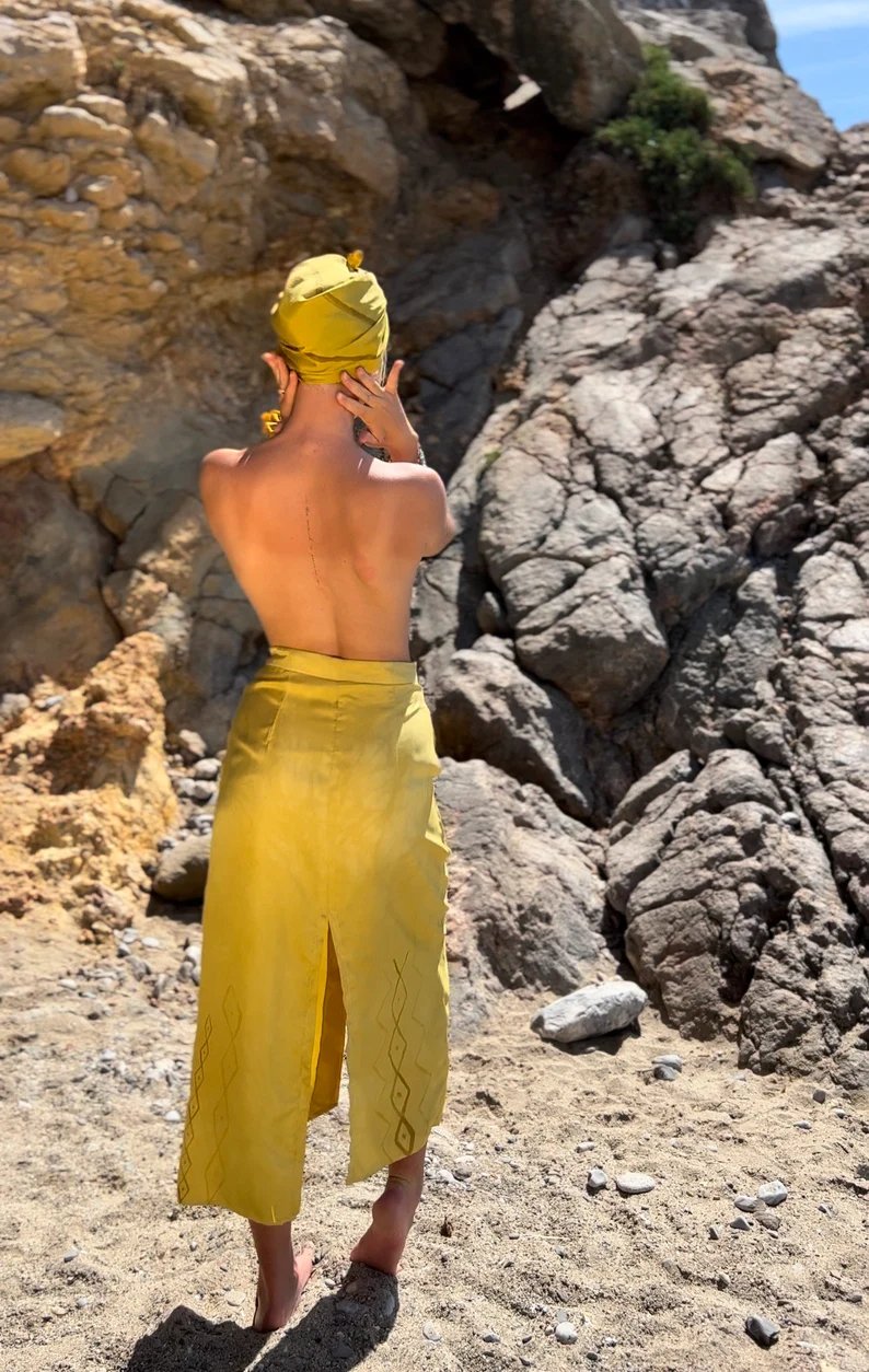 Silk Pants Skirt Yellow Path Printed Asymmetrical