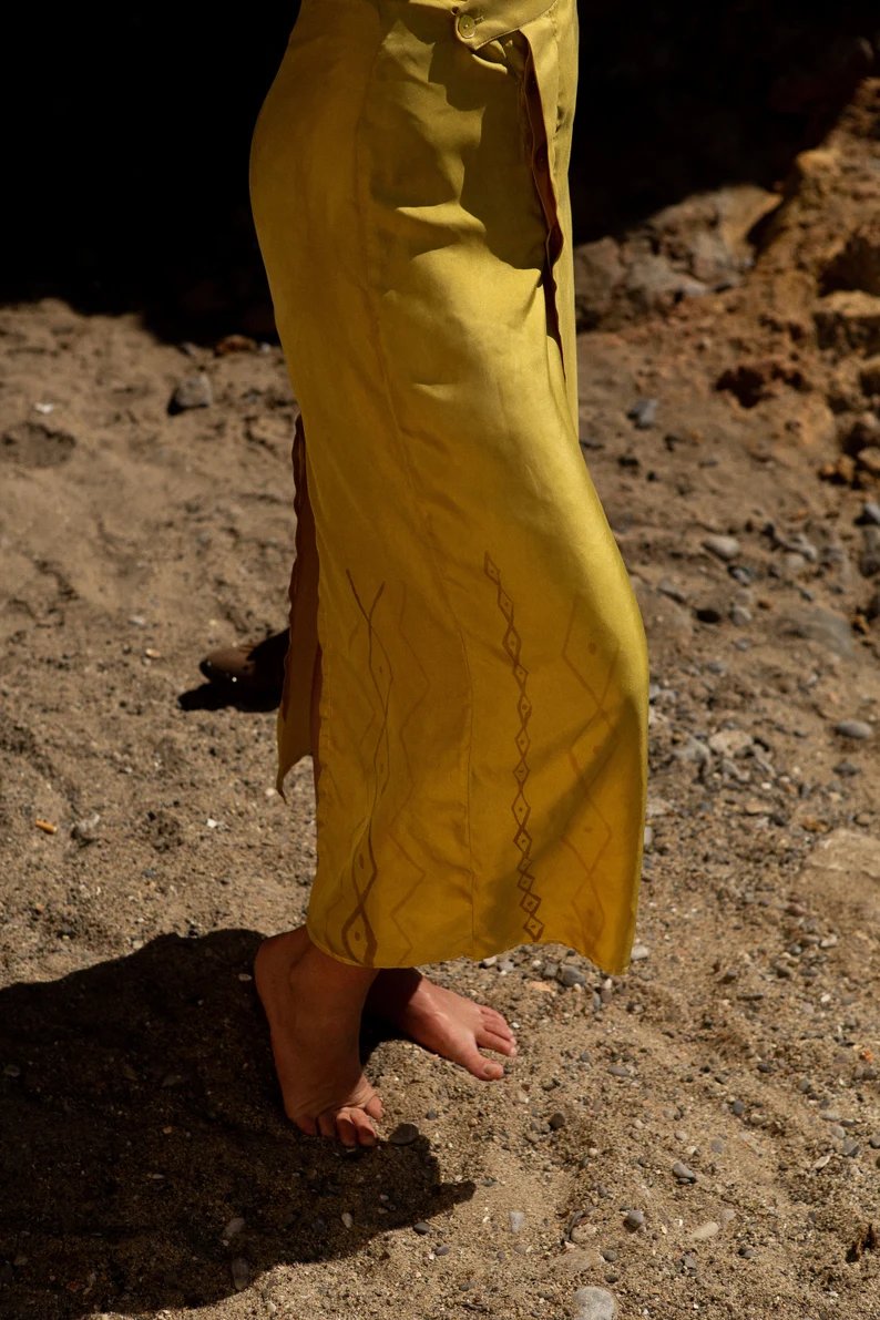 Silk Pants Skirt Yellow Path Printed Asymmetrical