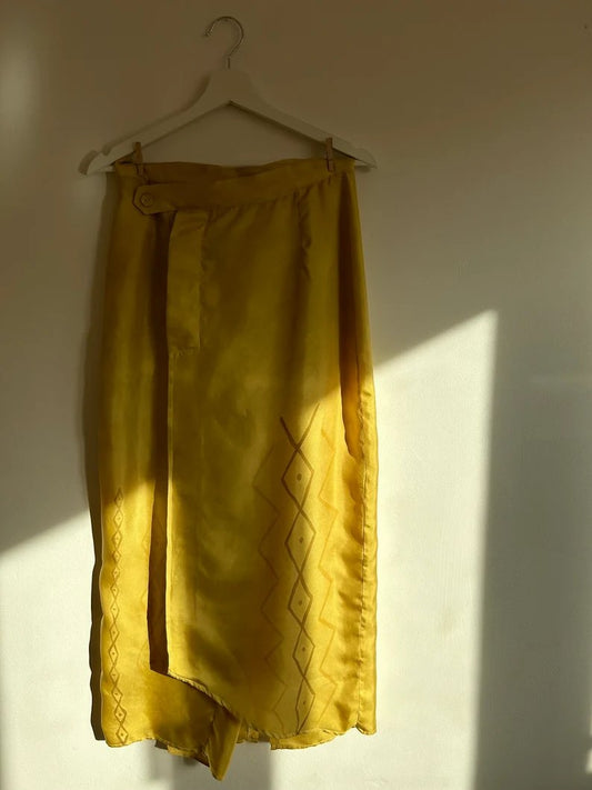 Silk Pants Skirt Yellow Path Printed Asymmetrical